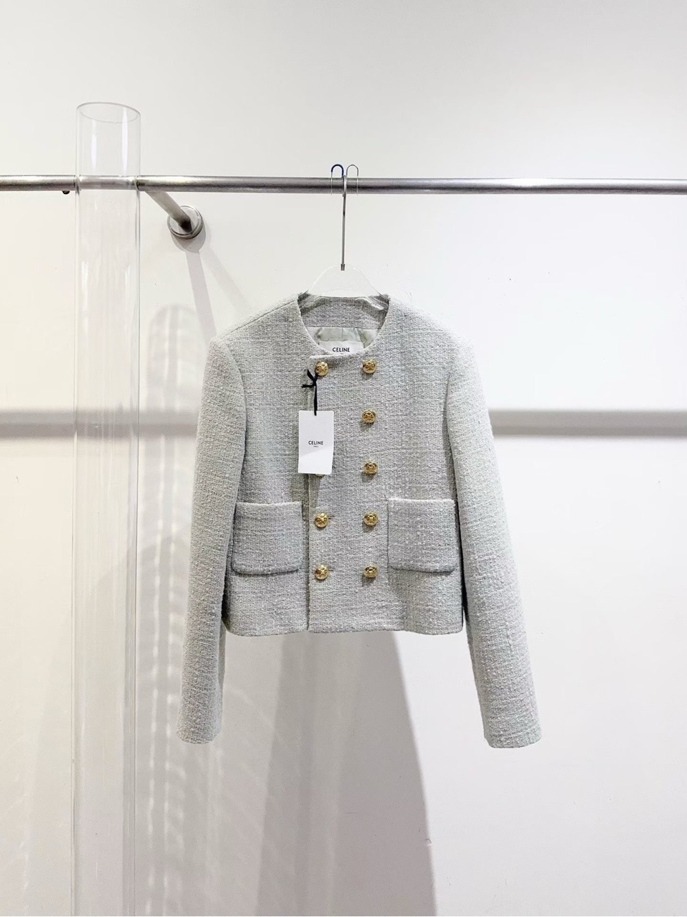 Celine Light Gray Tweed Cropped Double-Breasted Jacket with Gold Buttons